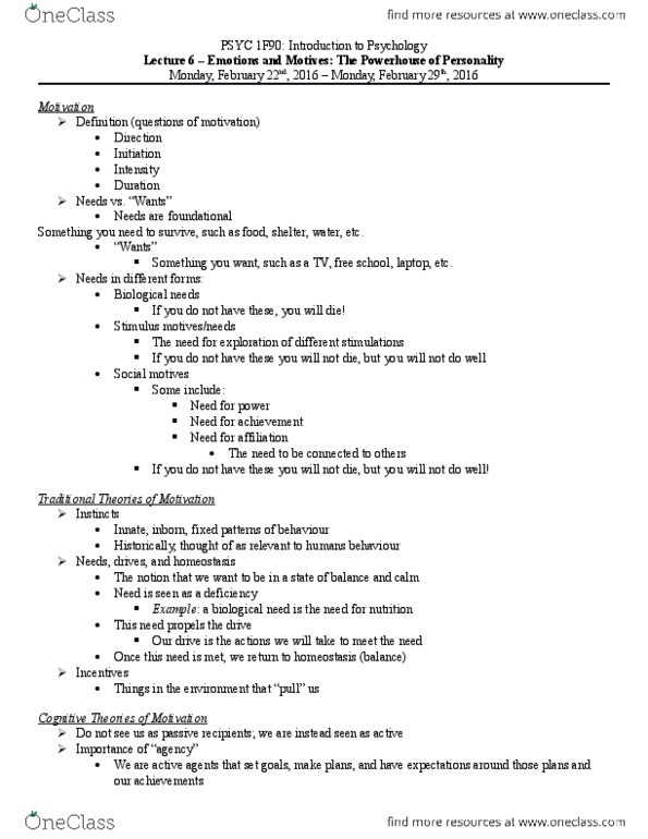 PSYC 1F90 Lecture Notes - Lecture 6: Homeostasis thumbnail