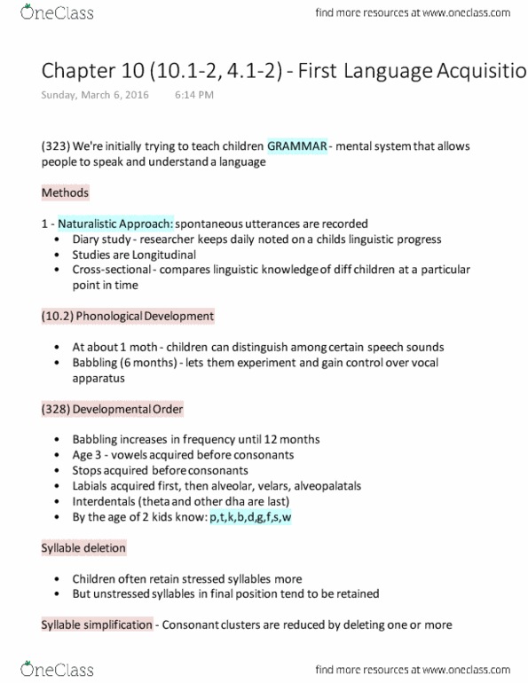 LIN101H5 Chapter 10 : Chapter 10 (10.1-2, 4.1-2) - First Language Acquisition thumbnail