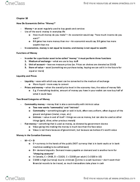 ECON 1BB3 Chapter Notes - Chapter 10: Overnight Rate, Cheque Clearing, Money Supply thumbnail