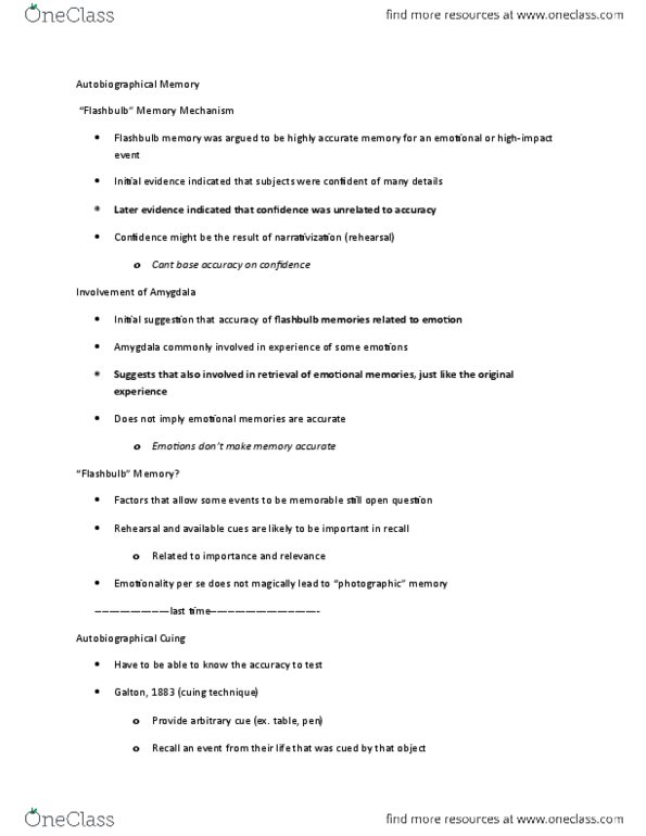 PSYCO258 Lecture Notes - Lecture 20: Implicit Memory, Flashbulb Memory, Johan Wagenaar thumbnail