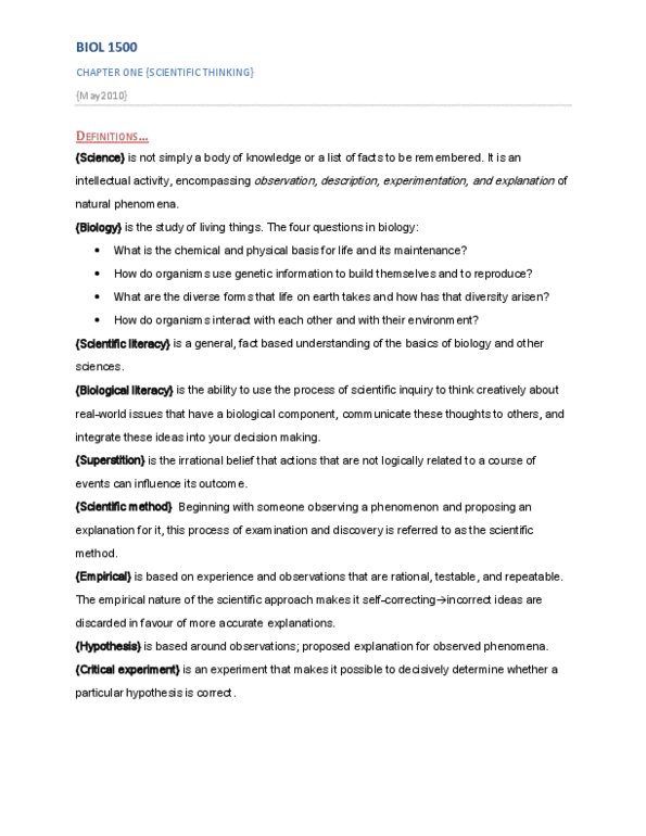 BIOL 1500 Chapter Notes - Chapter 1: Scientific Literacy, Null Hypothesis, Blind Experiment thumbnail