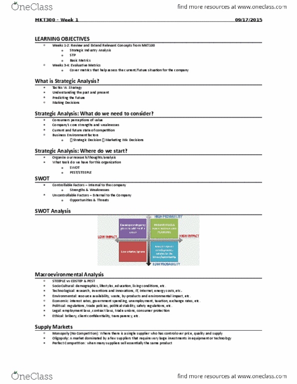 MKT 300 Lecture Notes - Lecture 1: Psychographic, Monopolistic Competition, The Keg thumbnail