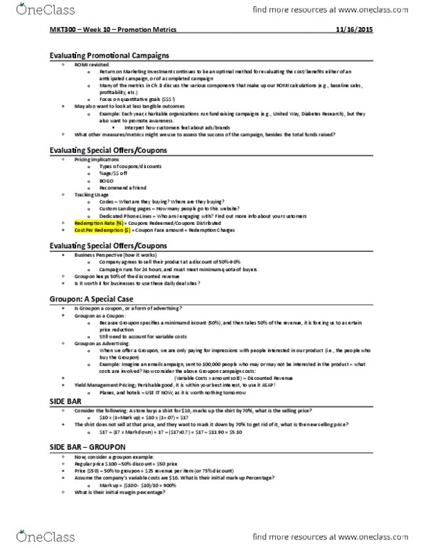 MKT 300 Lecture Notes - Lecture 10: Common Rule, Churn Rate, Click-Through Rate thumbnail