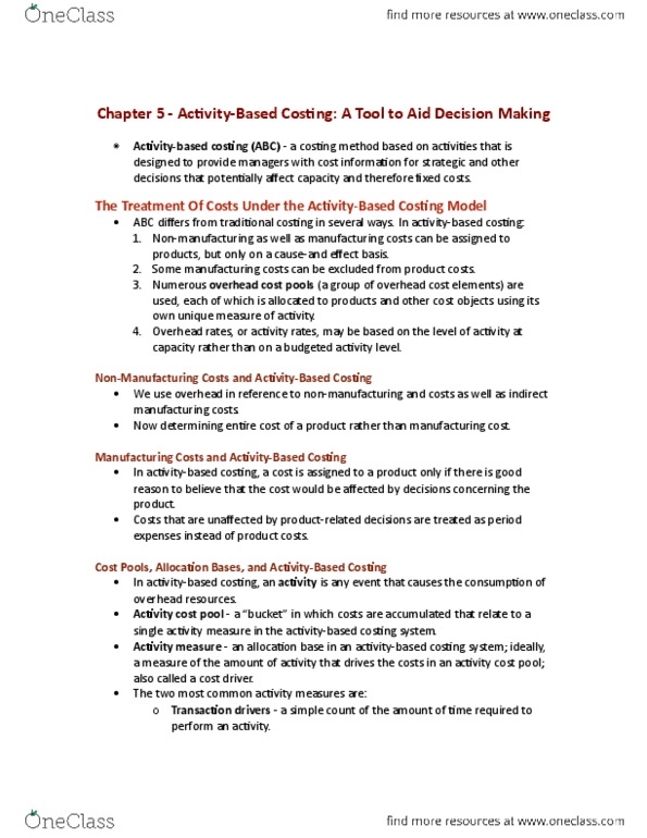 ACCT 2230 Chapter Notes - Chapter 5: Cost Accounting, Cost Driver, Expense thumbnail