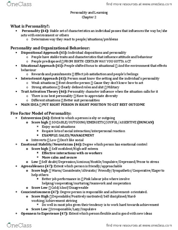 BU288 Chapter Notes - Chapter 2: Big Five Personality Traits, Job Satisfaction, Job Performance thumbnail