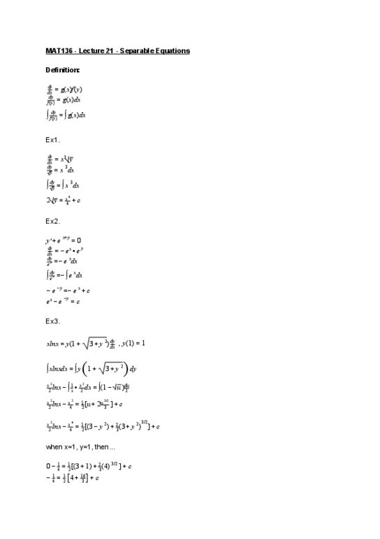 MAT136H1 Lecture 21: Separable Equations thumbnail