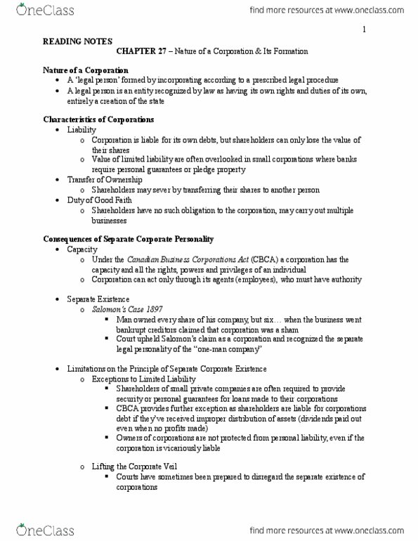 BU231 Chapter Notes - Chapter 27: Share Capital, Capital Account, Legal Personality thumbnail