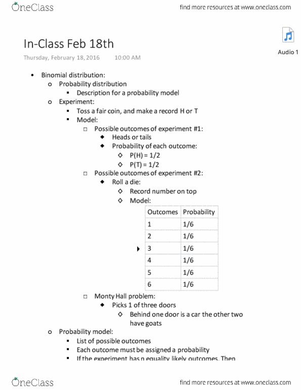 MATH 106 Lecture Notes - Lecture 6: Monty Hall Problem, Binomial Distribution, Fair Coin thumbnail