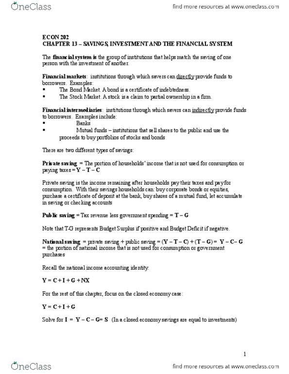 ECON 202 Lecture Notes - Lecture 4: Loanable Funds, Mutual Fund, Autarky thumbnail