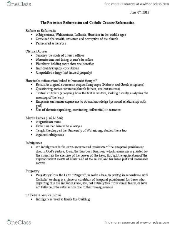 HIST 1201H Lecture Notes - Lecture 10: Consistory Court, Calvinism, Thirty-Nine Articles thumbnail