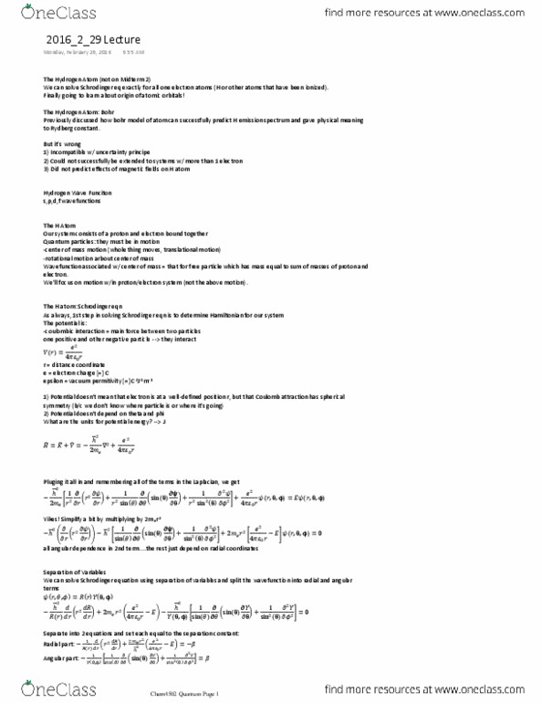 CHEM 4502 Lecture Notes - Lecture 17: Spherical Harmonics, Legendre Polynomials, Rydberg Constant thumbnail