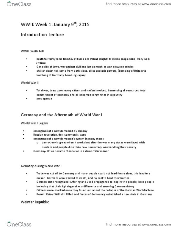 HST 802 Lecture Notes - Lecture 1: Erich Ludendorff, Dawes Plan, Axis Powers thumbnail