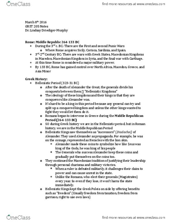 GRST 205 Lecture Notes - Lecture 15: Achaean League, Diadochi, Polis thumbnail