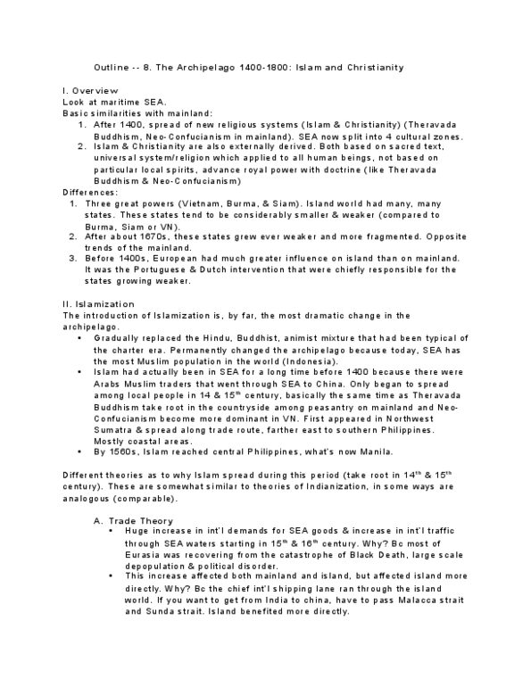 HISTORY 207 Lecture Notes - Lecture 8: Spice Trade, Strait Of Malacca, Srivijaya thumbnail