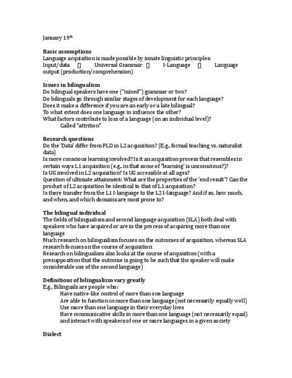LING 350 Lecture Notes - Lecture 3: Diglossia, Universal Grammar, Language Acquisition thumbnail