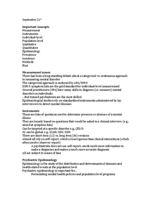 SOCI 310 Lecture Notes - Lecture 5: Psychiatric Epidemiology, Mental Disorder, National Comorbidity Survey thumbnail