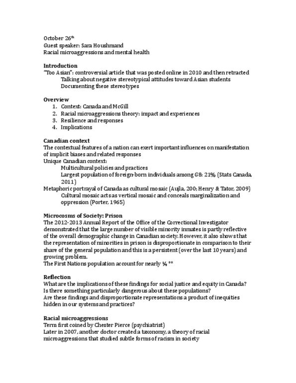 SOCI 310 Lecture Notes - Lecture 13: Microaggression Theory, Cultural Mosaic, Visible Minority thumbnail