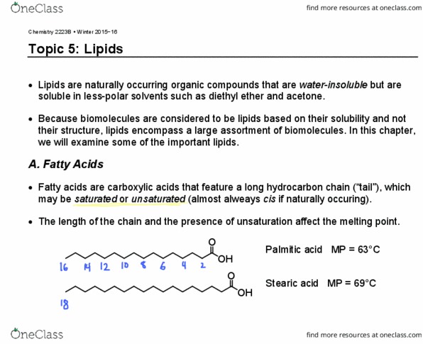 Chemistry 2223B Lecture 12: topic 5 - lipids notes march 7th thumbnail