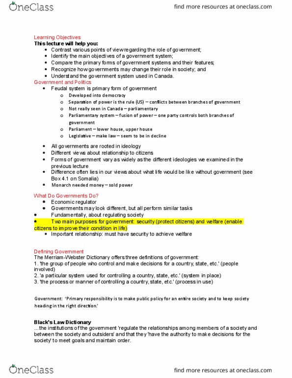 POSC 1000U Lecture Notes - Lecture 4: Jungle Hunt, Parliamentary System, Liberal Democracy thumbnail