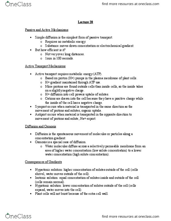 BI111 Lecture Notes - Lecture 20: Electrochemical Gradient, Passive Transport, Cell Membrane thumbnail