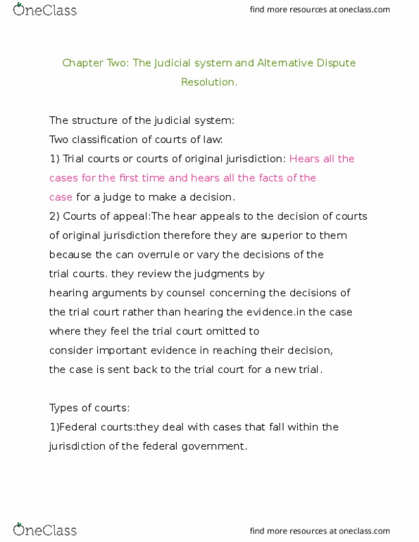 ADMS 2610 Lecture Notes - Lecture 2: Alternative Dispute Resolution, Small Claims Court, Indictable Offence thumbnail