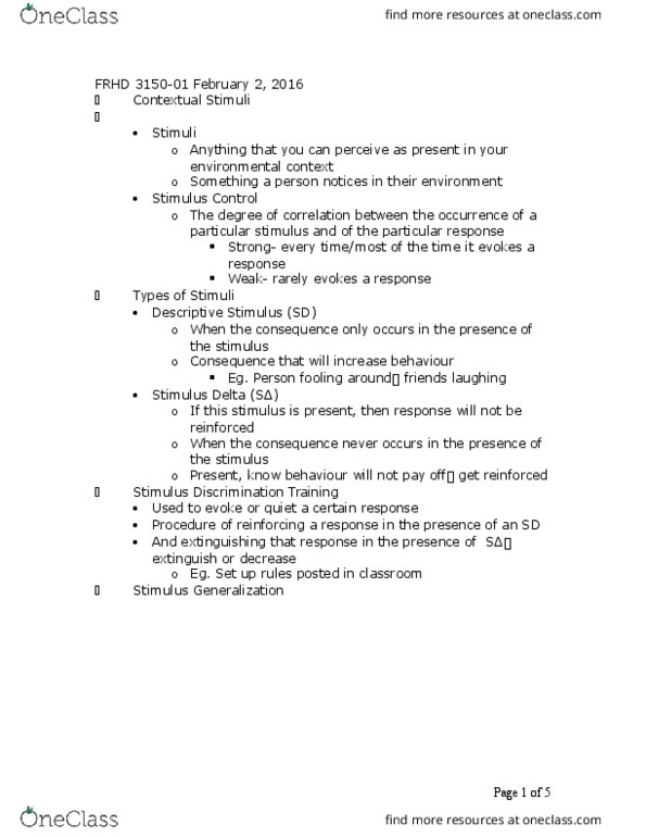 FRHD 3150 Lecture Notes - Lecture 6: Classical Conditioning, Equivalence Class, Reinforcement thumbnail
