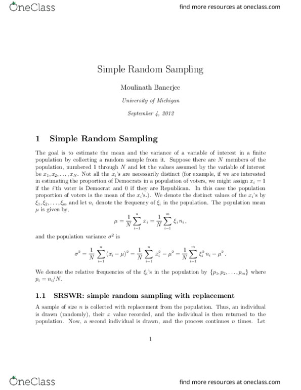 STATS 426 Lecture Notes - Lecture 7: Simple Random Sample, Random Variable, Independent And Identically Distributed Random Variables thumbnail