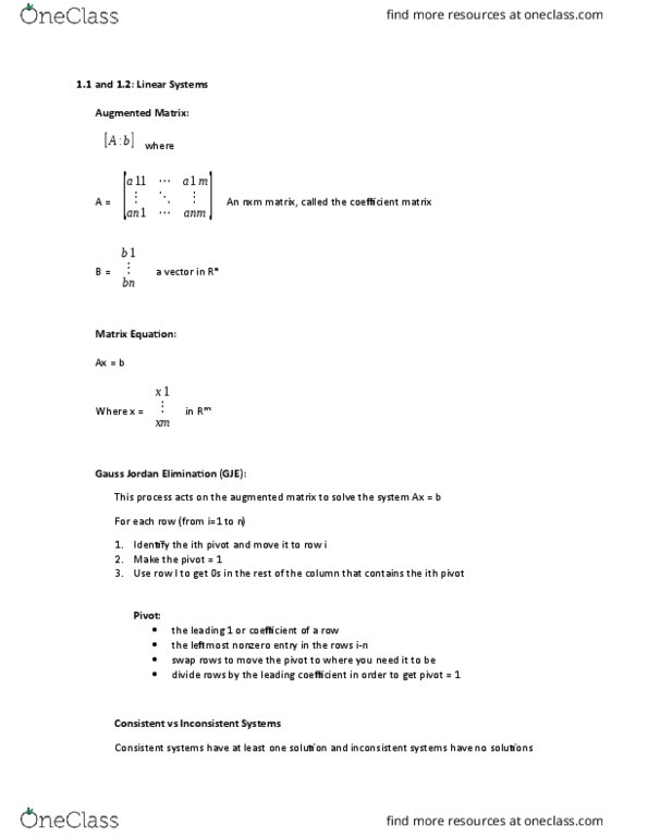 MATH 217 Lecture Notes - Lecture 1: Augmented Matrix, Matrix Addition, Gaussian Elimination thumbnail