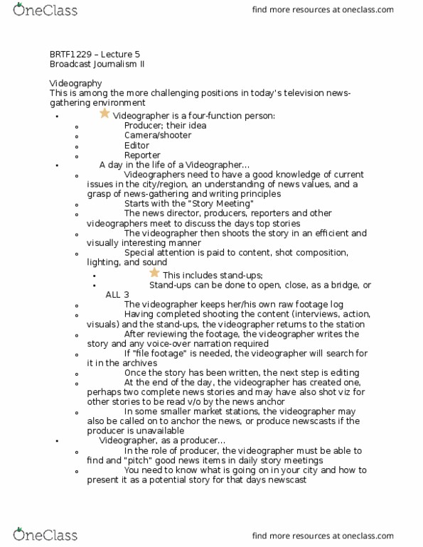 BRTF 1229 Lecture Notes - Lecture 5: Sitaonair, Camera Operator, News Values thumbnail