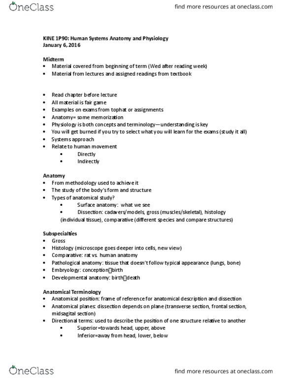 KINE 1P90 Lecture Notes - Lecture 1: Body Cavity, Anatomical Plane, Standard Anatomical Position thumbnail