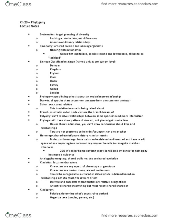 BIO 124 Lecture Notes - Lecture 10: Natural Selection, Monophyly, Autapomorphy thumbnail