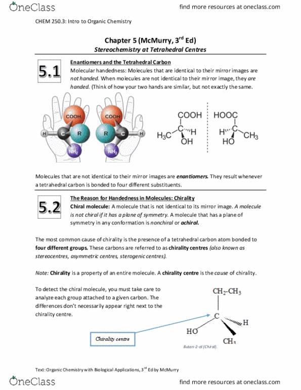 CHEM 250 Chapter Notes - Chapter 5: Lone Pair, Methanol, Racemic Mixture thumbnail