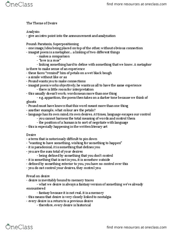 English 1022E Lecture Notes - Lecture 6: Jacques Lacan, Repetition Compulsion, Imagism thumbnail