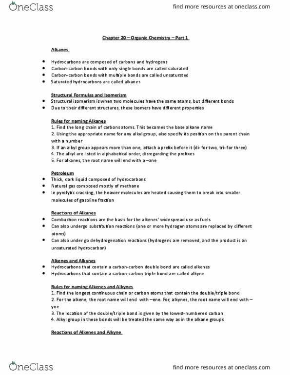 CHEM 29402 Chapter Notes - Chapter 20: Dehydrogenation, Halogenation, Alkyne thumbnail