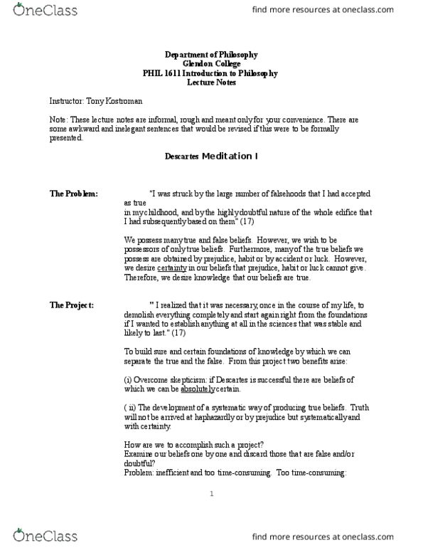 PHIL 1611 Lecture Notes - Lecture 1: Hilary Putnam, Evil Demon, Glendon College thumbnail