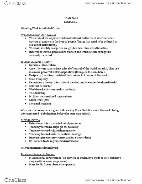 SOAN 2040 Lecture Notes - Lecture 7: Samir Amin, Intersectionality, Dependency Theory thumbnail