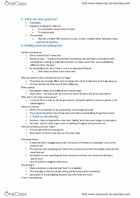 ANT211H5 Lecture Notes - Lecture 5: Human Penis Size, Big-Game Hunting, Menopause thumbnail