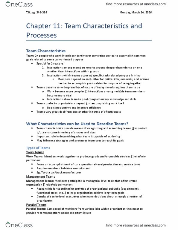 Management and Organizational Studies 2181A/B Chapter 11: Chapter 11 - Team Characteristics and Processes thumbnail