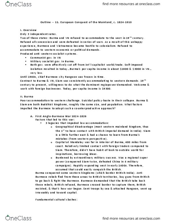 HISTORY 207 Lecture Notes - Lecture 11: Chakri Dynasty, Mongkut, Bowring Treaty thumbnail