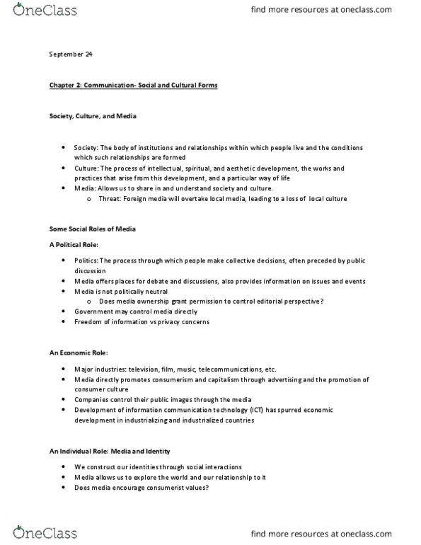 CMST 1A03 Lecture Notes - Lecture 4: Technological Determinism, Media Studies, Communication thumbnail