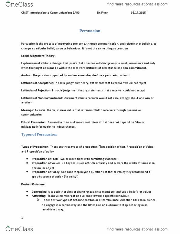 CMST 1A03 Lecture Notes - Lecture 3: Ad Hominem, Argument From Authority, Social Judgment Theory thumbnail