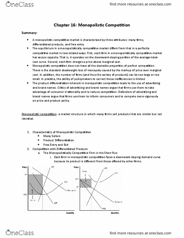 ECON 111 Lecture Notes - Lecture 16: Externality, Market Power, Monopolistic Competition thumbnail