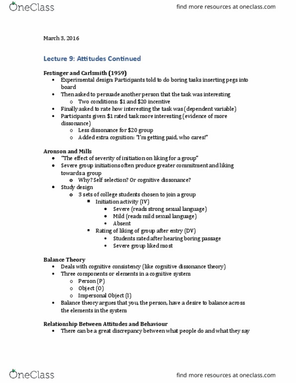 SOCPSY 1Z03 Lecture Notes - Lecture 9: Cognitive Dissonance, Balance Theory, Design Of Experiments thumbnail