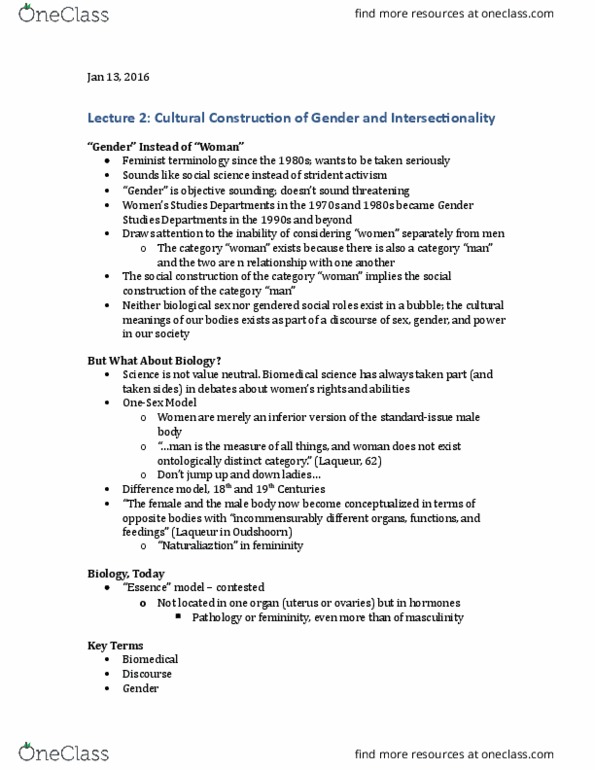 WOMENST 1A03 Lecture Notes - Lecture 2: Biomedical Sciences, Intersectionality thumbnail