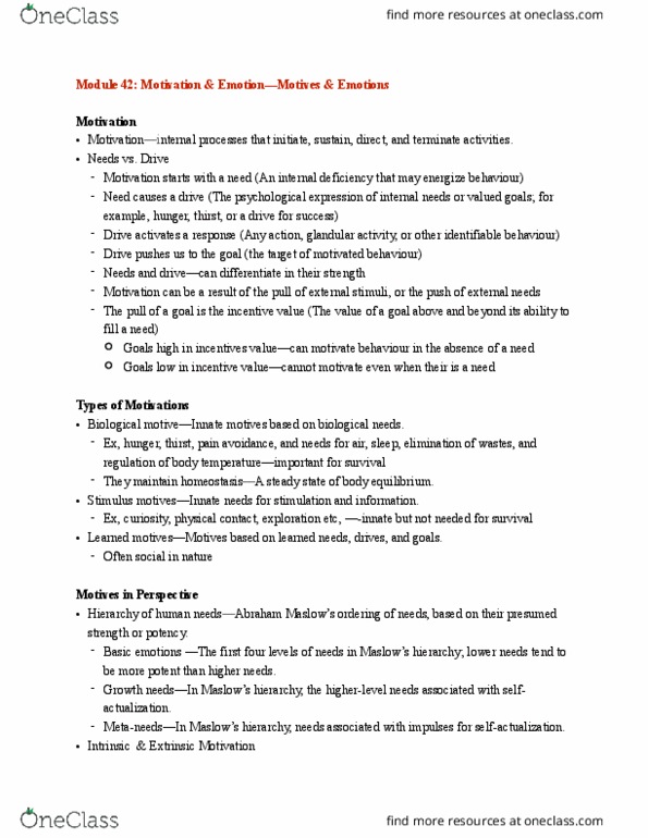 PSYC 1F90 Chapter Notes - Chapter 42: Emotion Classification thumbnail