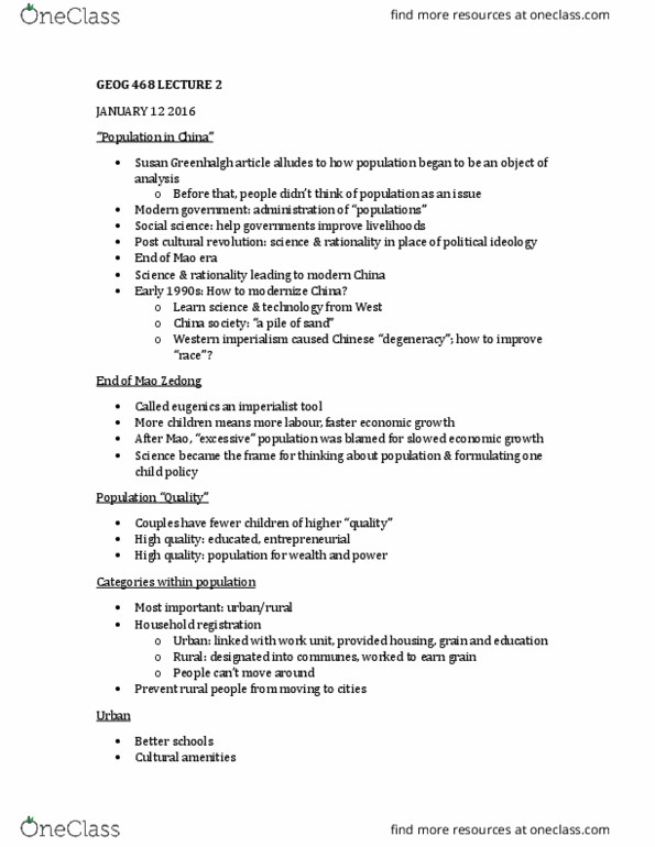 GEOG 468 Lecture Notes - Lecture 2: Work Unit, Mao Zedong, Canada 2016 Census thumbnail