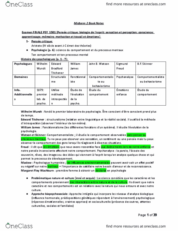 PSY 1101 Lecture Notes - Lecture 1: Sept, Vise, Miroirs thumbnail