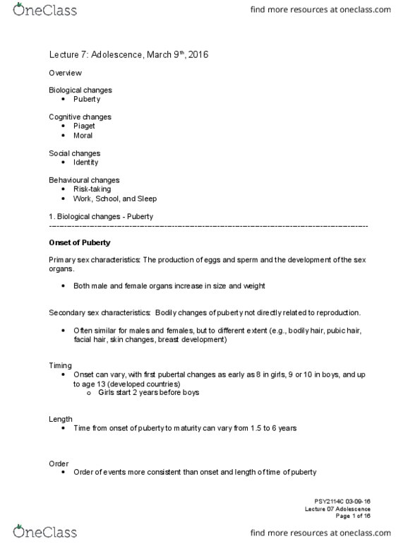 PSY 2114 Lecture Notes - Lecture 7: Melatonin, James Marcia, Joseph W. Phinney thumbnail