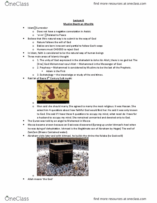 RELI 2732 Lecture Notes - Lecture 6: Barzakh, Kaaba, Worship God thumbnail