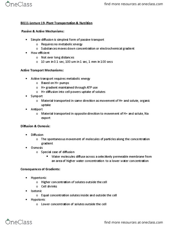 BI111 Lecture Notes - Lecture 19: Water Potential, Electrochemical Gradient, Passive Transport thumbnail